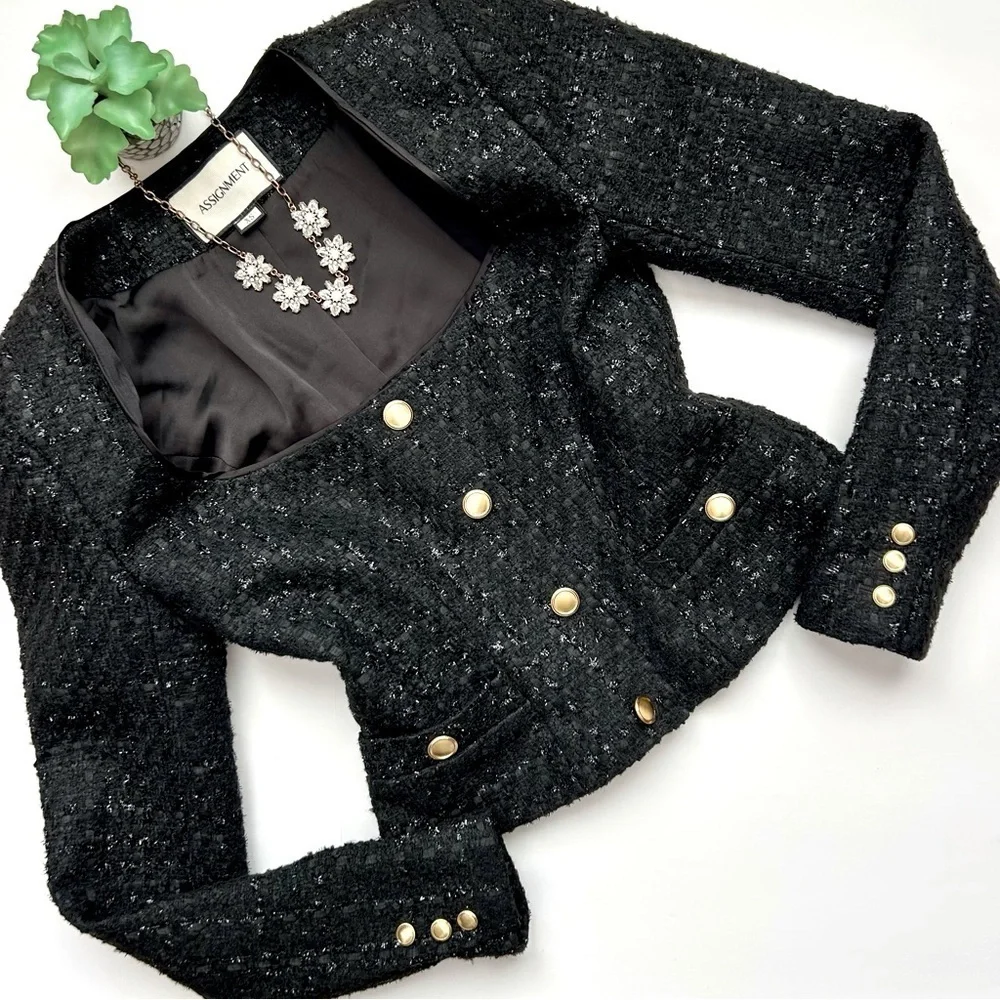 Revolve Assignment Bianca Jacket in Black Tweed Revolve Square Neck Size XS NWOT
